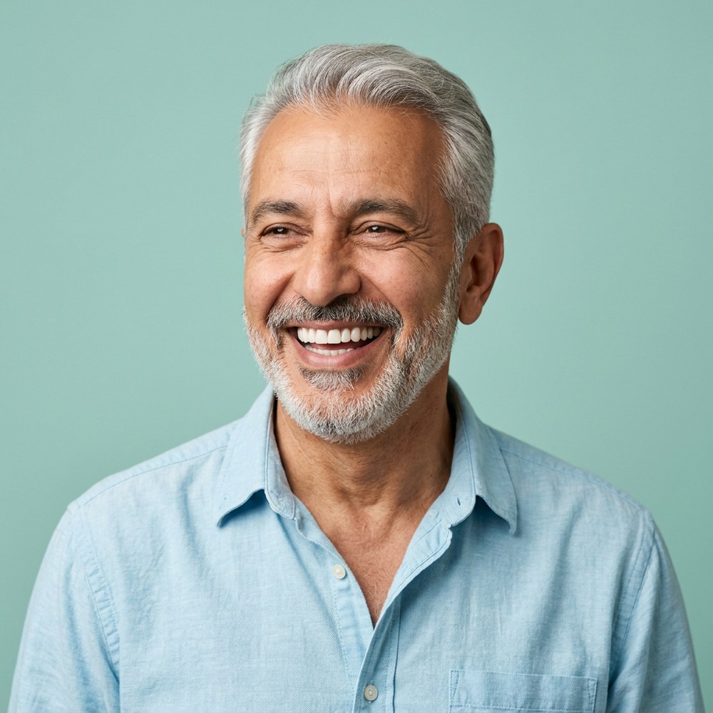 An older man laughing in a light blue shirt