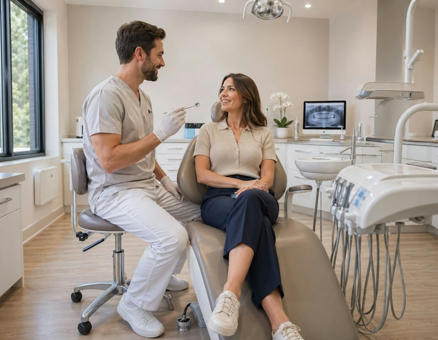 A dentist chatting with a patient in a bright clinic
