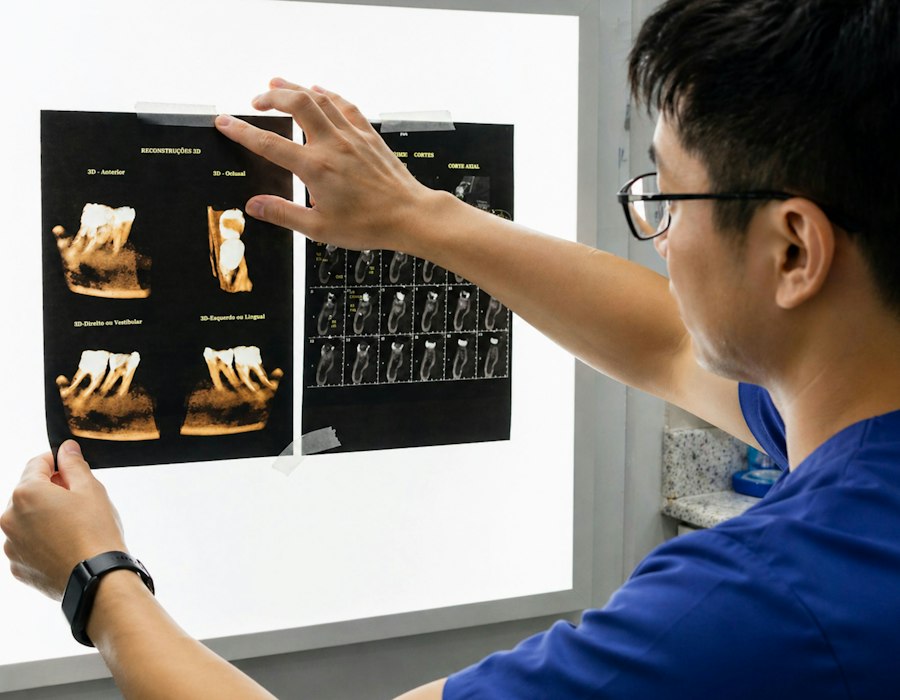 A dentist reviewing dental scans on screen
