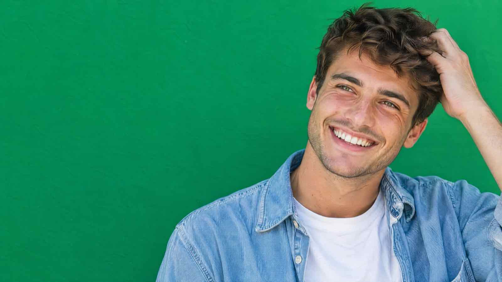 A young man smiling against a green wall